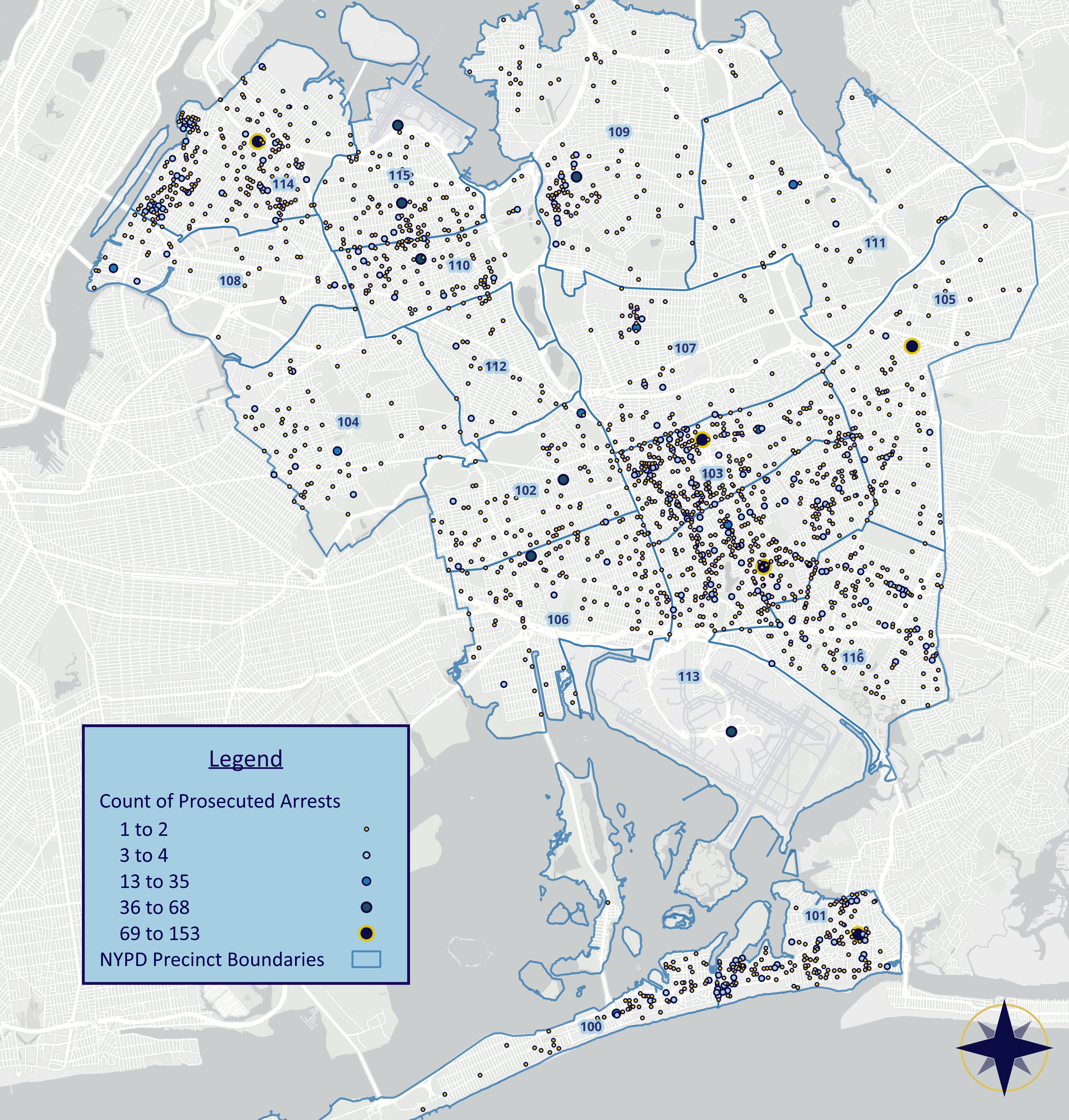 Map of gun prosecutions in Queens